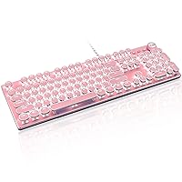 Basaltech Pink Mechanical Gaming Keyboard, Retro Steampunk Vintage Typewriter-Style Keyboard with LED Backlit, 104-Key Anti-Ghosting Blue Switch Wired USB Metal Panel Round Keycaps (Pink-SK)