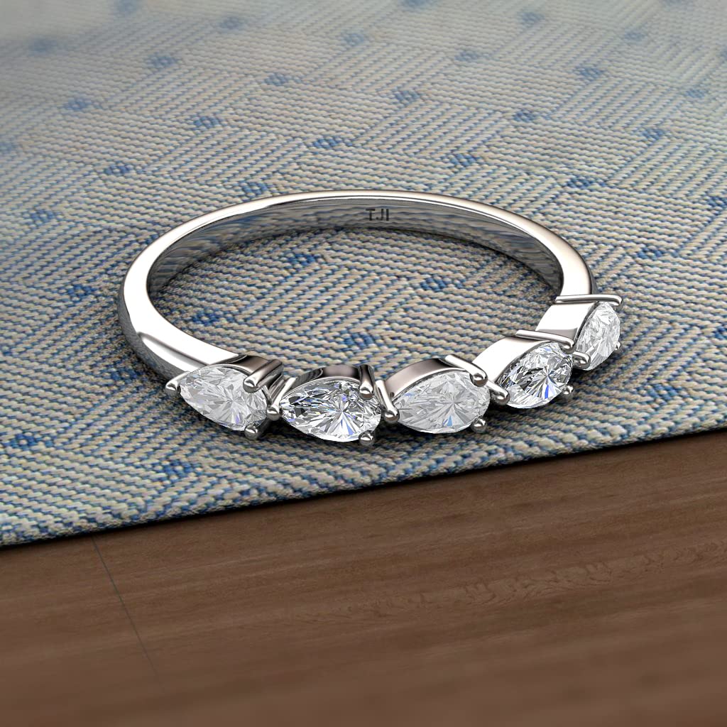 TriJewels Pear Cut (5x3 mm) White Sapphire & Lab Grown Diamond 1 1/4 ctw 5 Stone Women Wedding Band Stackable 14K Gold