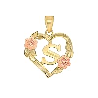 14K Yellow Gold Heart Initial Letter Pendant Flower A-Z Any Alphabet Necklace Charm-Nice jewelry Gift for Girls and Women-Free Customizable Letter Name for Her-Available 16”-18”
