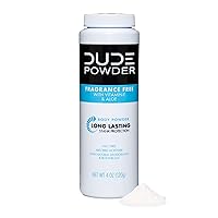 DUDE Body Powder - Fragrance Free 4 Ounce Bottle Natural Deodorizers With Chamomile & Aloe, Talc Free Formula, Corn-Starch Based Daily Post-Shower Deodorizing Powder for Men
