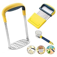 3 PCS Potato Masher Kit - Crinkle Cutter & Potato Peeler, Heavy Duty Mashed Potatoes Masher, Stainless Steel Crinkle Cut Knife with Vegetable Peeler, Slicer for Veggies and Carrots Tool Set