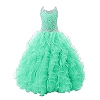 Girls' Crystal Body Straps Layered Ball Gown Ruffles Pageant Dresses 4 US Mint Green