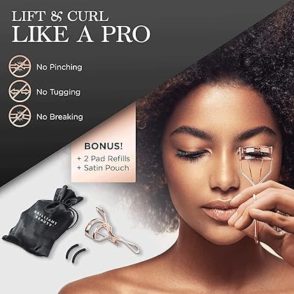 Brilliant Beauty Eyelash Curler with Satin Bag & Refill Pads - Award Winning - No Pinching, Just Dramatically Curled Eyelashes for a Lash Lift in Seconds (Rose Gold)