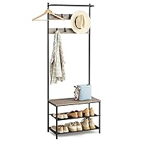 VASAGLE Coat Rack with Shoe Storage, Hall Tree, Coat Stand with Shoe Bench for Hallway, 9 Movable Hooks, Top Bar, 12.7 x 25.2 x 70.9 Inches, Bedroom, Industrial, Greige and Black HSR411B02