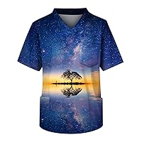 Mens Scrubs with Prints Men's Scrubs Tops Graphic Short Sleeve V-Ncek Working Nurse Unifrom with Pocket S-5xl