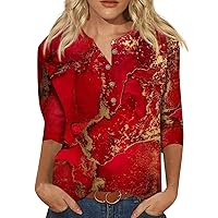 Going Out Tops for Women,3/4 Length Sleeve Womens Tops Retro Print Button Top Graphic Tees for Women