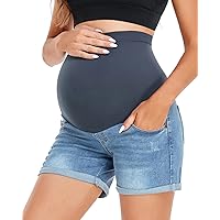 HOFISH Women's Stretchy Maternity Jean Shorts Over The Belly Comfy Denim Shorts Pants Casual Workout Pregnancy Shorts