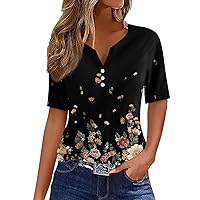 Womens Summer Tops 4Th of July Outfits for Women Trendy Short Sleeve Tshirts Shirts Ladies Button V Neck Blouses Clothes