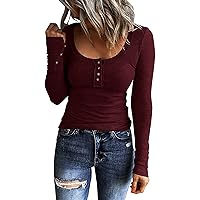 Sexy Tops for Women,Women Solid Color Henley Blouse Long Sleeve Button Tunic Tops Cute V Neck Ribbed Knit Shirt