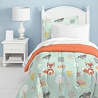 dream FACTORY Kids 5-Piece Complete Set Easy-Wash Super Soft Microfiber Comforter Bedding, Twin, Green Woodland Friends
