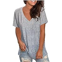 YZHM Boho Tshirts for Women Short Sleeve Shirts V Neck Floral Print Summer Tops Loose Fit Graphic Tees Fashion Casual Bouses