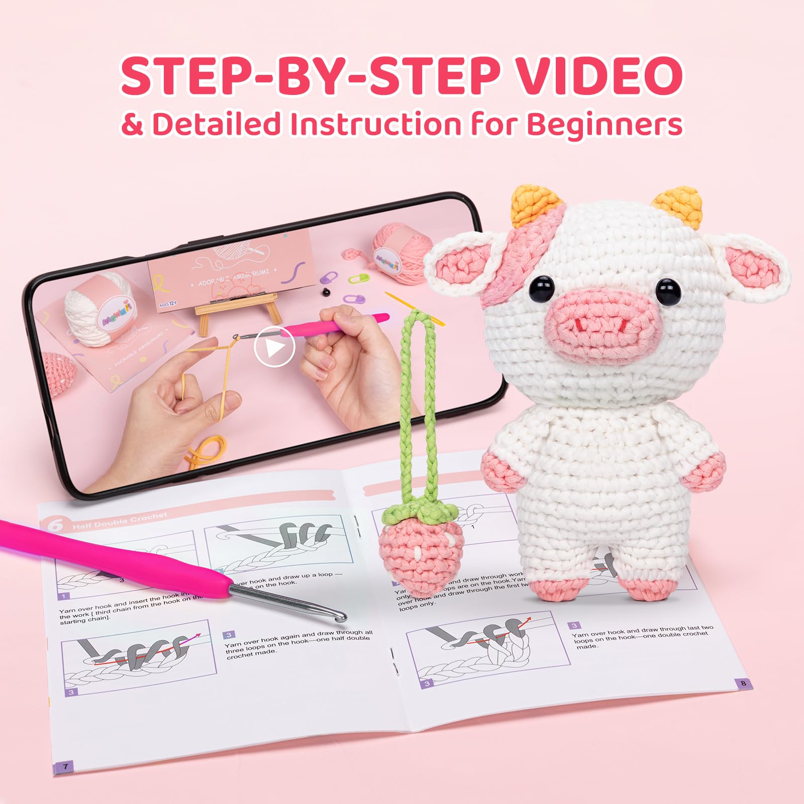 Mewaii Crochet Kit for Beginners, Complete DIY Kit Animals with 40%+ Pre-Started Tape Yarn Step-by-Step Video Tutorials for Adults Kids