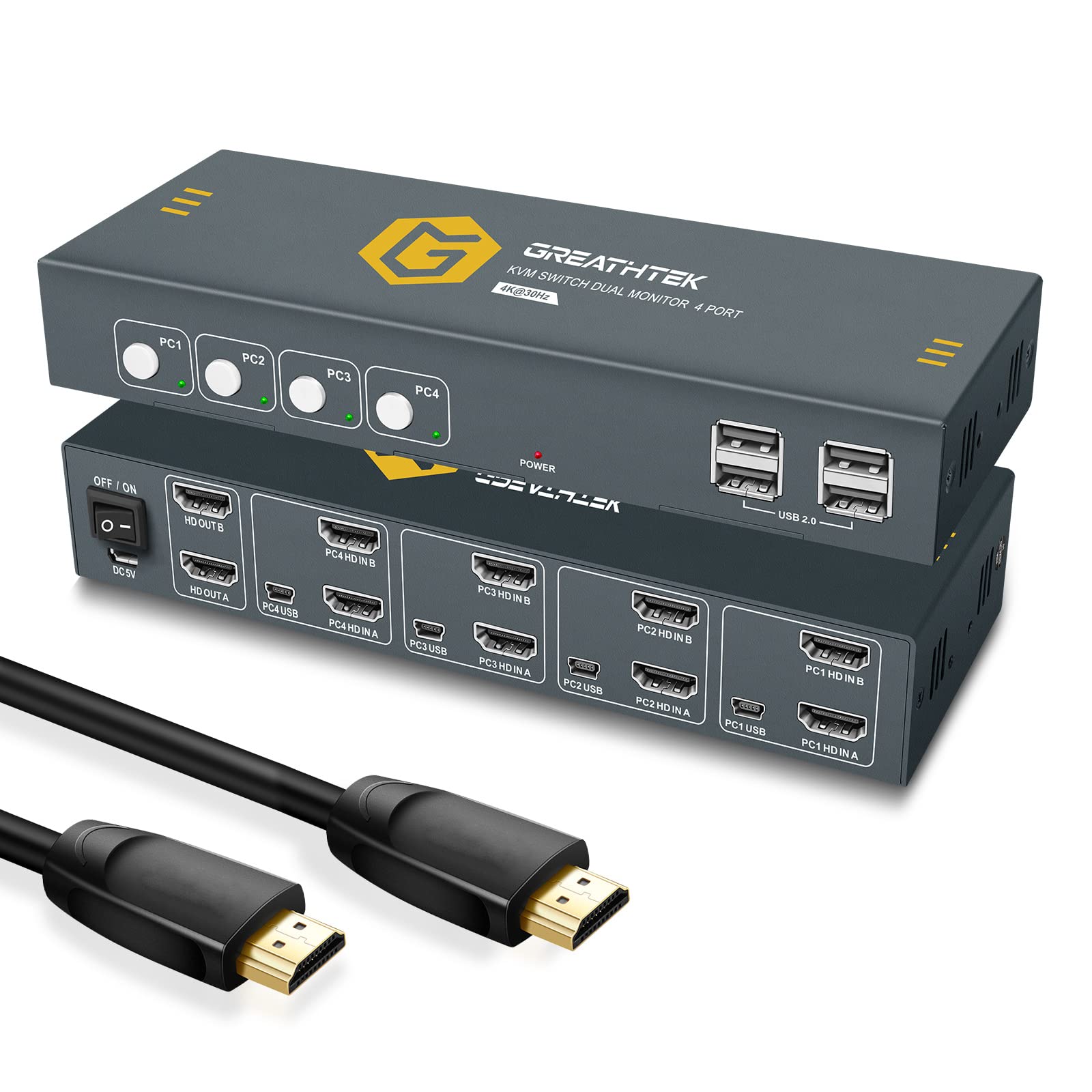 KVM Switch HDMI Dual Monitor Extended Display 4 Port, 4 USB 2.0 Hub, UHD 4K@30Hz Downward Compatible, Button Switch, with All Needed Cables, No Adapter Required
