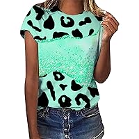 Plus Size Tops for Women Spring 2024 Women Gradient Leopard Block Casual Printing Short Sleeves Crew Neck TShi