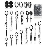FIFATA Cross Dangle Earrings for Men 20 Pieces, Stainless Steel Stud Hinged Hoop Earrings, Long Chain Kpop Earrings for Women, Black and Silver
