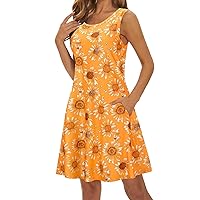Summer Dresses for Women Swing Boho Floral Print Sundresses Sleeveless Beach Cover Up Dress with Pockets Holiday Dresses