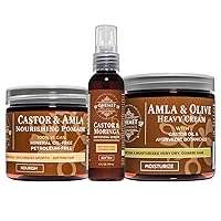 Qhemet Biologics Castor Oil Collection for Maximum Moisture & Growth - Includes Castor & Amla Nourishing Pomade, Amla & Olive Heavy Cream, Castor & Moringa Softening Serum - 3-Piece Haircare Set