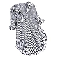 Womens Deep V Neck Striped Long Sleeve Button Down Plus Size Shirts