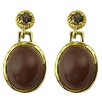 Chocolate Moonstone Oval Shape Gemstone Jewelry 925 Sterling Silver Drop Dangle Earrings For Women/Girls | Yellow Gold Plated