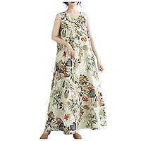 XJYIOEWT Sundresses for Women Over 50 Midi Length,2024 Vintage Floral Print Sleeveless Round Neck Cotton Linen Dress Loo