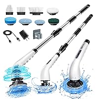 Electric Spin Scrubber, Shower Scrubber Cordless Cleaning Brush with 8 Replaceable Brush Heads and Squeegee，Adjustable Extension Handle 2 Speeds Electric Cleaning Brush for Bathroom, Tub, Tile，Kitchen