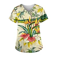 Womens Carer Uniform Workwear Tees Short Sleeve T Shirt V-Neck Lightweight Blouse Casual Print Top with Pockets