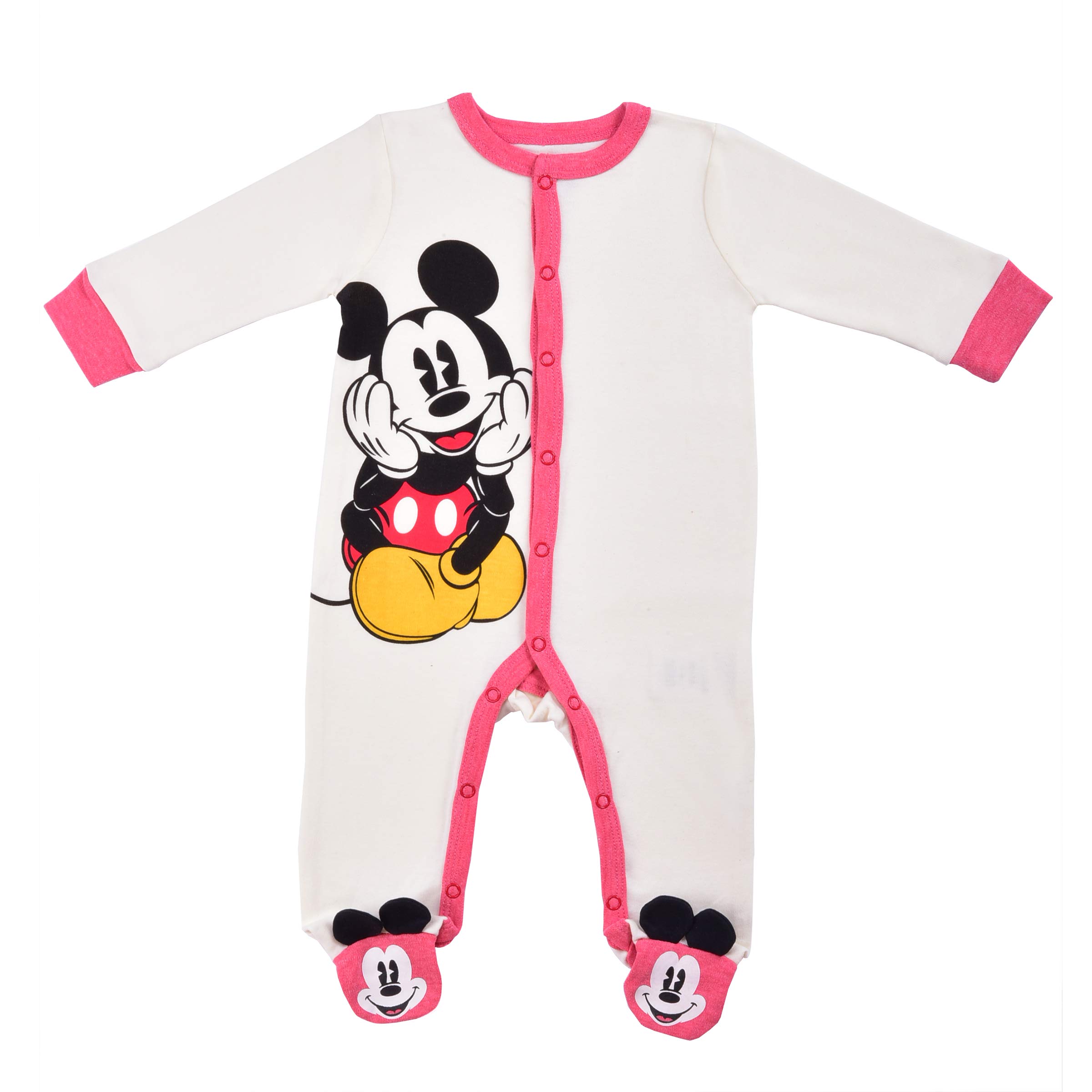 Disney Mickey Mouse Boys’ Long Sleeve Footed Romper and Hat Set for Newborn – Red/White/Gray