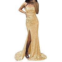 OFEYCHUN Sequin Mermaid Prom Dress Long Cowl Neck Spaghetti Straps Evening Gowns with Slit Appliques