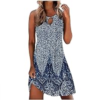 Women Summer Short Mini Dress Floral Printed Sleeveless Tank Dress Keyhole Casual Loose Tshirt Dress Beach Sundress Dark Blue