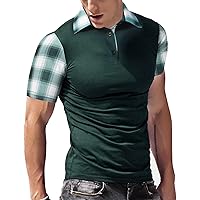 Men's Casual Short Sleeve Polo Shirt Classic Plaid Collar Slim Fit T-Shirt
