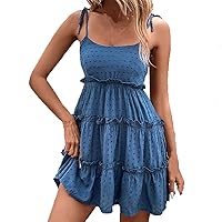 Womens Swiss Dot Mini Dress Tie Knot Spaghetti Strap Sleeveless Cami Dress Summer Casual Ruffle Flowy Tiered Sundress