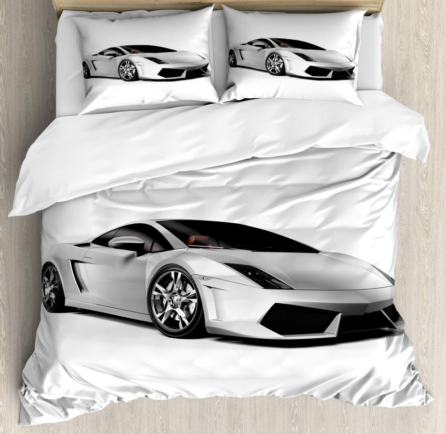 Lunarable Cars Duvet Cover Set, Sports Car with Futuristic Inspired Wheels Reflection Design Print, Decorative 3 Piece Bedding Set with 2 Pillow Sh...