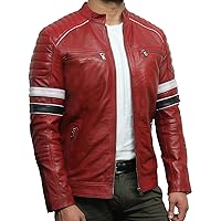 Black Leather Jacket Mens - Cafe Racer Real sheepskin Leather Distressed Motorcycle Jacket (RED, XS)