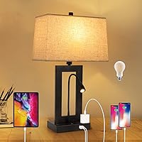TRLIFE Table Lamp with USB Charging Ports and AC Outlet, Fully Dimmable Modern Nightstand Lamp with Fabric Lampshade for Reading Living Room Office, Attached a LED Gooseneck Spotlight(Bulb Included)