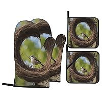 Birds Nest Print Oven Mitts 4-Piece Set,Barbecue,Cooking Microwave,Kitchen Baking Heat-Resistant