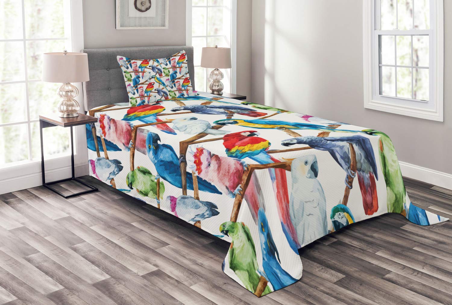 Lunarable Parrots Bedspread, Colorful Parrots on Tree Branches Exotic Jungle Theme Watercolor Painting Effect, Decorative Quilted 2 Piece Coverlet ...