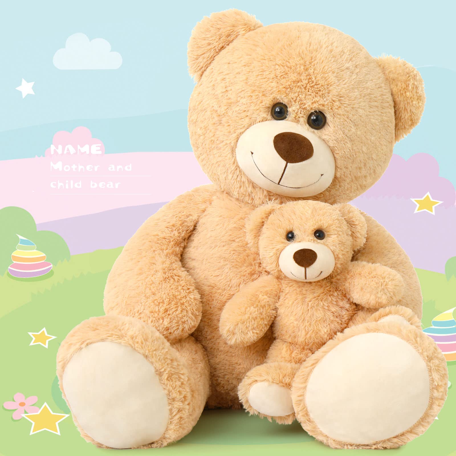Muiteiur Giant Teddy Bear Stuffed Animal Cute Mommy and Baby Bear Teddy Bear Baby Shower Plush Toy for Kids Boys Girls Great Gift for Christmas Valentines Day Party Decorations 40inch,Light Brown