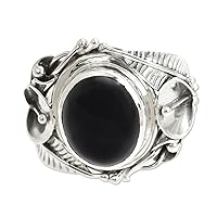 NOVICA Artisan Handmade Onyx Flower Ring Women's Floral .925 Sterling Silver Cocktail Black Indonesia Birthstone 'Nest of Lilies'