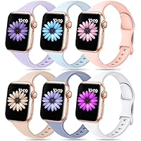 6 Pack Slim Sport Band Compatible for Apple Watch Band 38mm 42mm 40mm 44mm 41mm 45mm 49mm,Women Thin Narrow Soft Silicone Replacement Strap Wristband for iWatch Ultra Series 8 7 6 5 4 3 2 1 SE