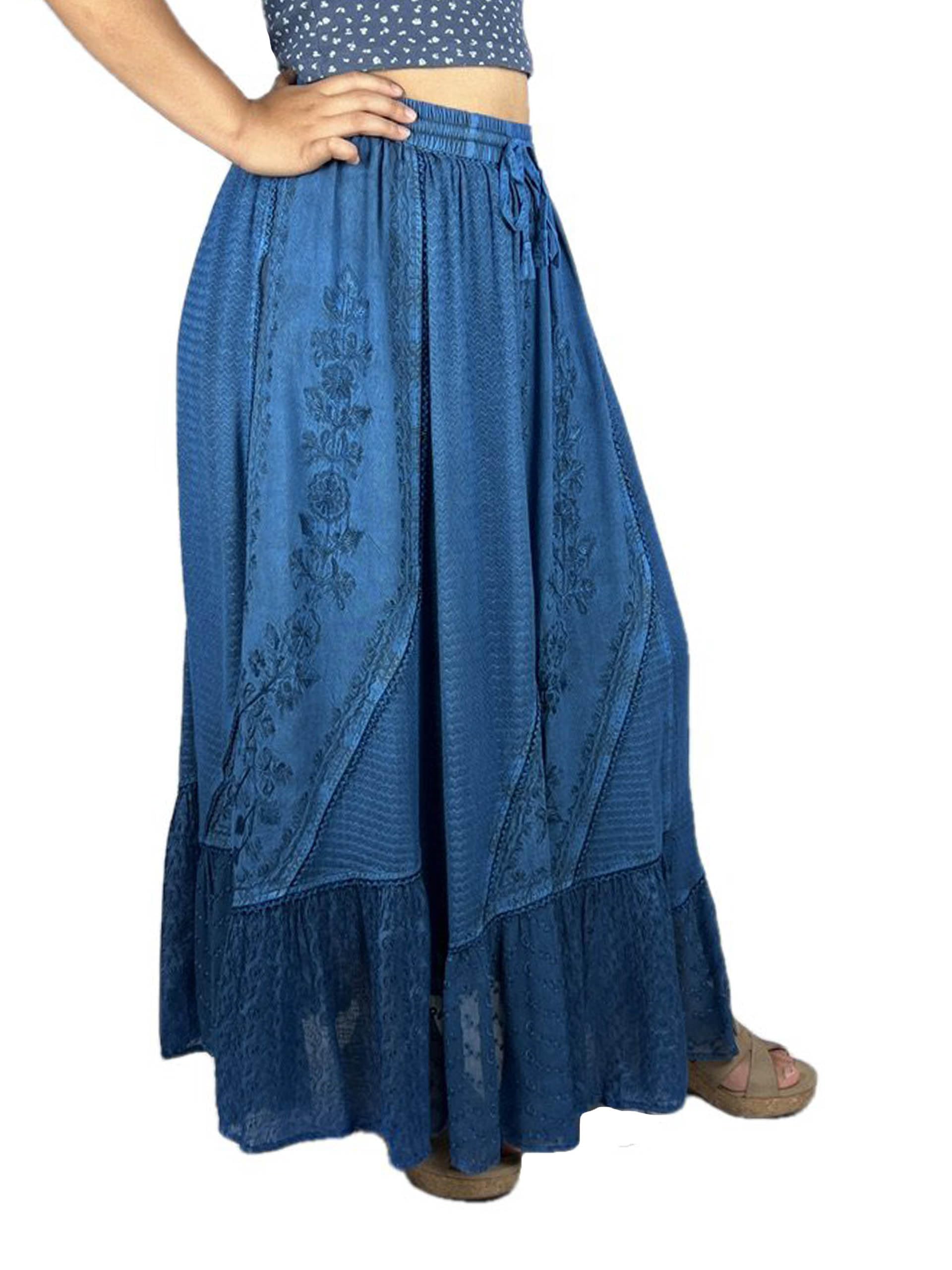 Agan Traders Women's Elastic Waistband Flare Hem Dancing Embroidered Twirl Long Renaissance Maxi Skirt