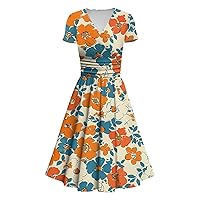 Floral Maxi Dresses for Women Dresses for Women 2024 Princess Sexy V-Neck Print Waist Pull Pleated Short Sleeve Dress, S-3XL