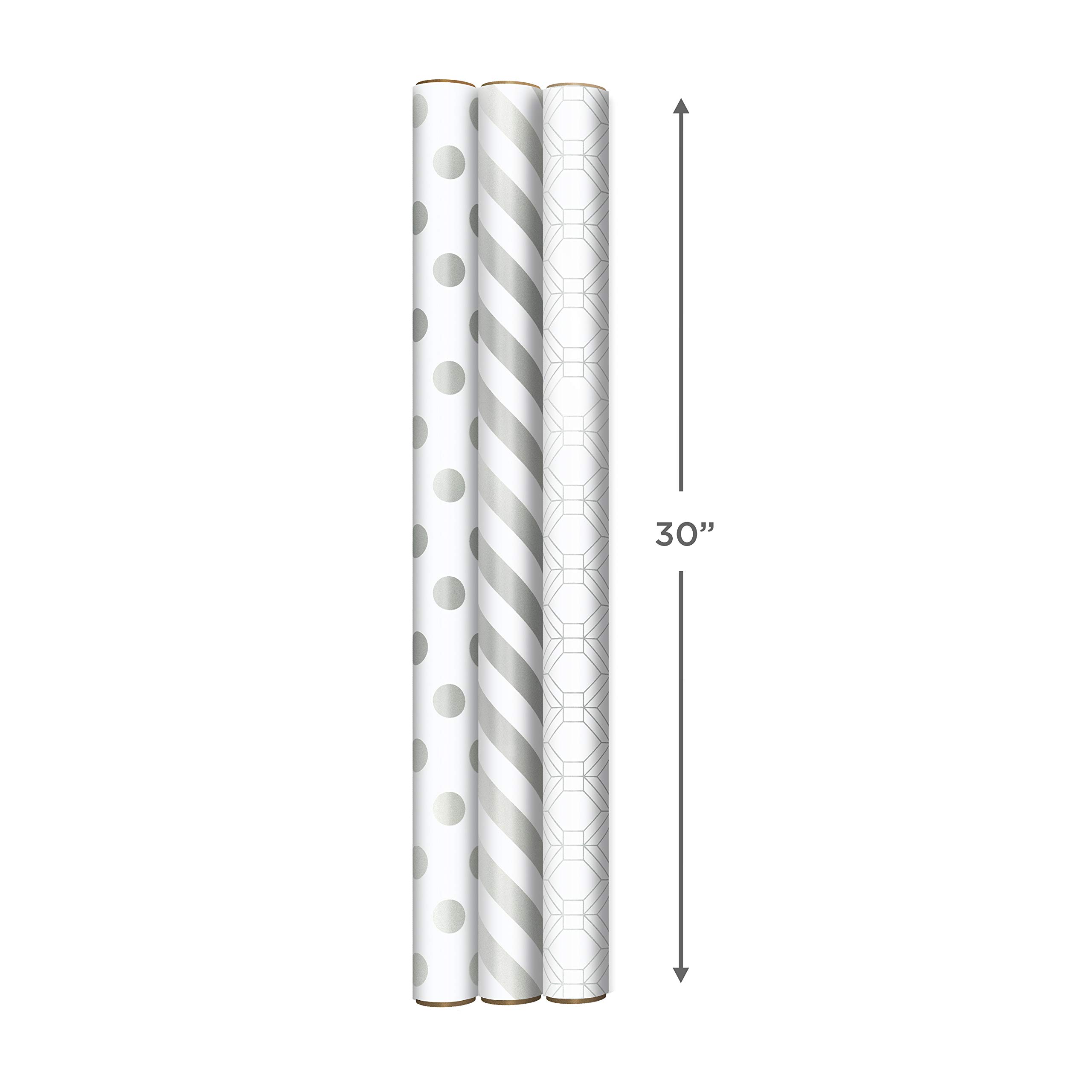 Hallmark Silver Wrapping Paper with Cut Lines on Reverse (3-Pack: 105 sq. ft. ttl) for Weddings, Christmas, Hanukkah, Bridal Showers, Birthdays