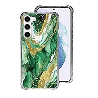Cell Phone Case for Galaxy s21 s22 s23 Standard Plus + Ultra Marble Pattern Protective Clear Rubber Bumper Agate Print Green Emerald and Gold Watercolor Design Slim Cover