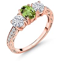Gem Stone King 18K Rose Gold Plated Silver 3-Stone Ring Oval Green Peridot and Moissanite (2.02 Cttw)