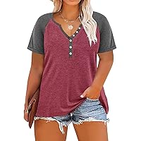 RITERA Women Plus Size Summer Blouse Tops Loose V Neck Button Front Raglan Burgendy Red Grey Color Block Pullover Short Sleeve Shirt 4XL 26W