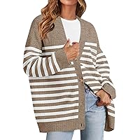 MEROKEETY Women's Oversized Striped Cardigan Sweaters 2024 Open Front Button V Neck Knit Outerwear
