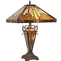 Capulina Tiffany Table Lamp Mother-Daughter Vase 3-Light, Amber Brown Mission Style Stained Glass 16X16X24 Inches Desk Reading Lamp for Living Room Bedroom Home Office