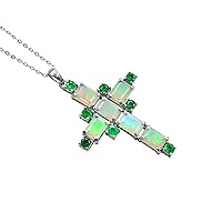 Natural Ethiopian Welo Opal Cut & Zambian Emerald Gemstone Holy Cross Pendant Necklace 925 Sterling Silver October Birthstone Women Jewelry Birthday Gift For Her (PD-8402)