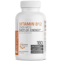 Vitamin B12 2500mcg Shot Of Energy Fast Dissolve Chewable Tablets - Quick Release Cherry Flavored Sublingual B12 Vitamin - Supports Nervous System, Healthy Brain Function Energy Production – 180 Count