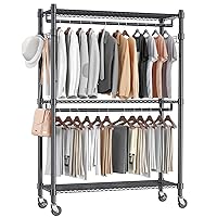 Homdox Rolling Garment Rack with Double Rod, Heavy Duty Clothing Rack with Shelves, Portable Clothes Rack, Free Standing Wardrobe Rack, with Lockable Wheels & Hanging Hooks, Max Load 450 LBS, Black